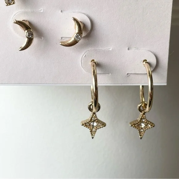 NWT LC LAUREN CONRAD Moon stud star hoop stud earrings, three pairs included - Picture 5 of 10